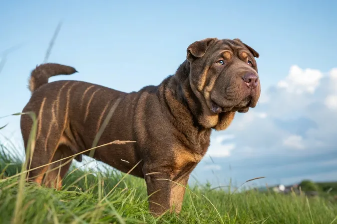 Photo d'un Sharpei couleur chocolat avec marquage tan