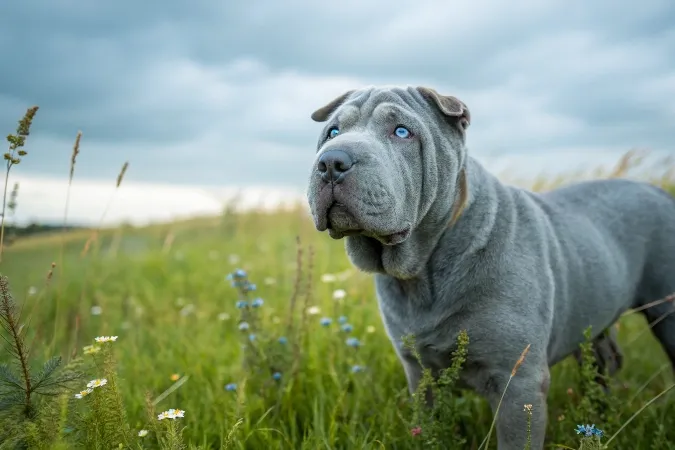 Photo d'un Sharpei adulte couleur bleu avec yeux bleus